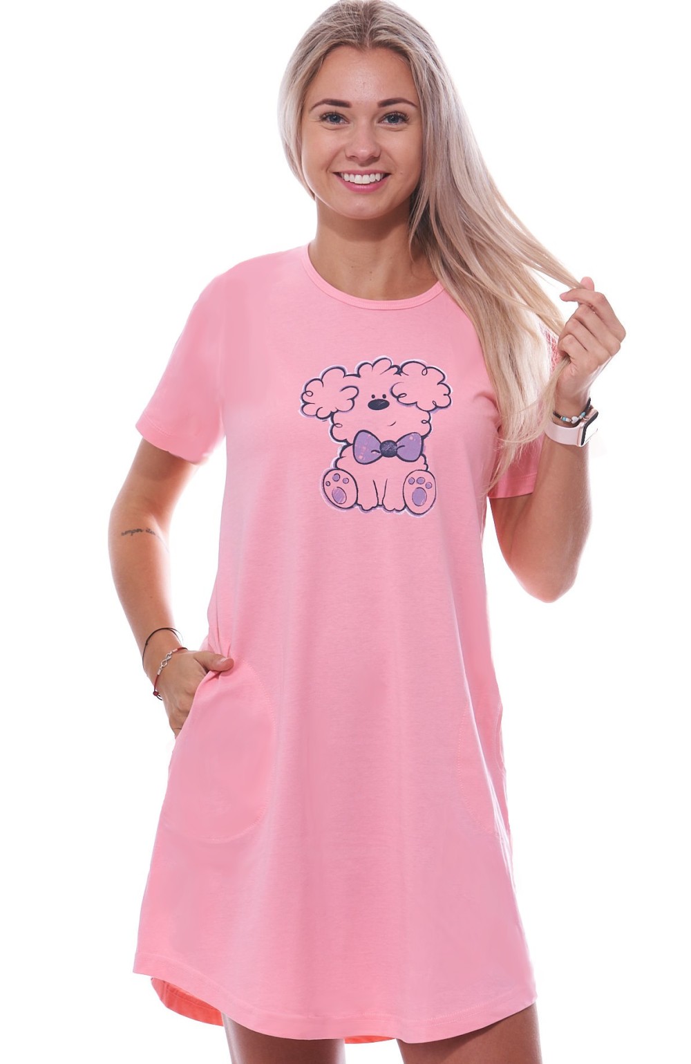 Růžová noční košilka s krátkými rukávy pro ženy či dívky s pejskem
