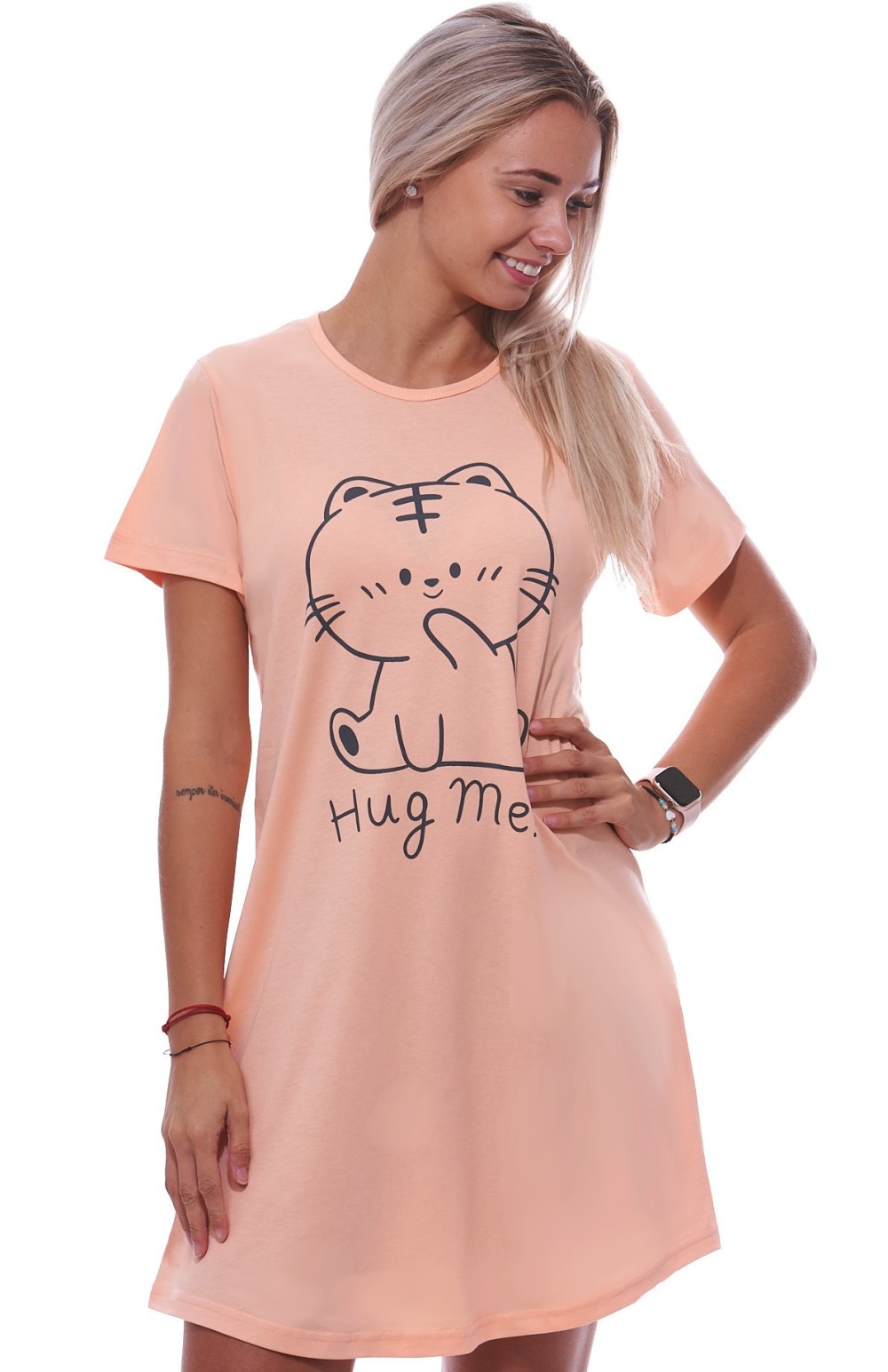 Meruňková noční košilka s krátkými rukávy pro ženy či dívky Hug me s kočkou