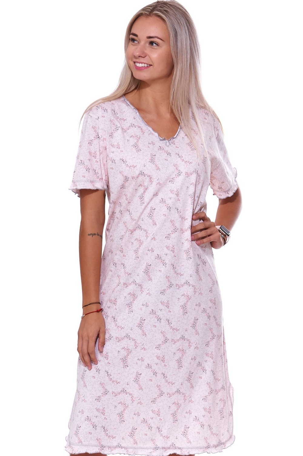 Dlouhá květovaná růžová noční košilka s krátkými rukávy pro ženy či dívky