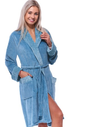 Modrý sametový hřejivý elegantní i těhotenský župan na kojení pro plnoštíhlé ženy