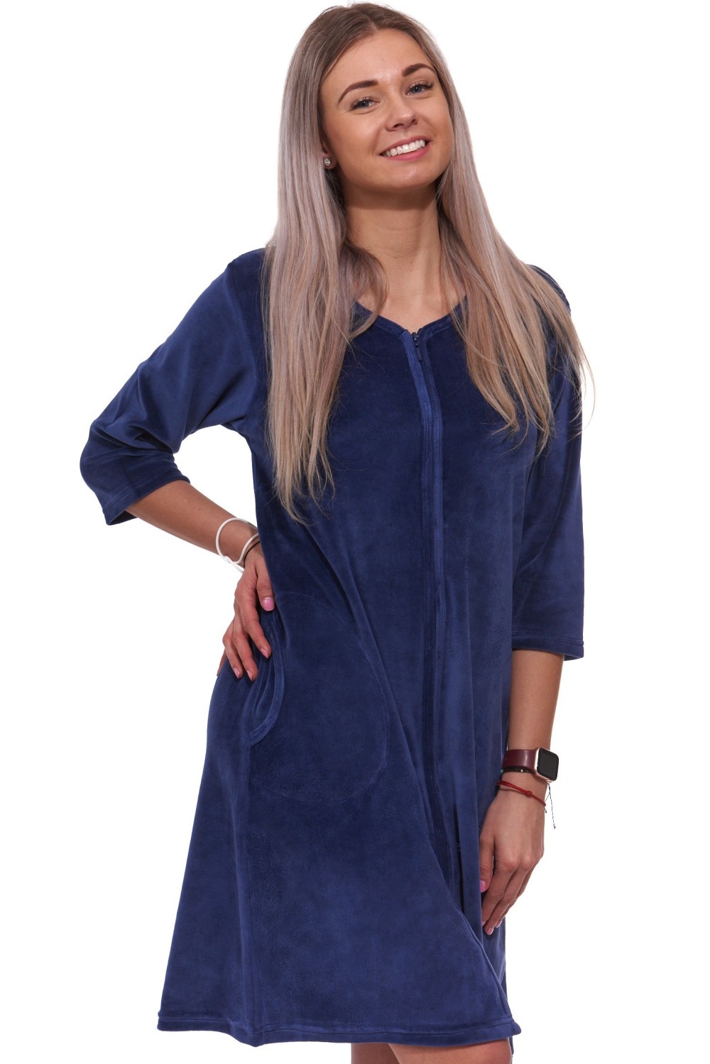Tmavě modrý elegantní hřejivý župan na zip ze sametu - velur