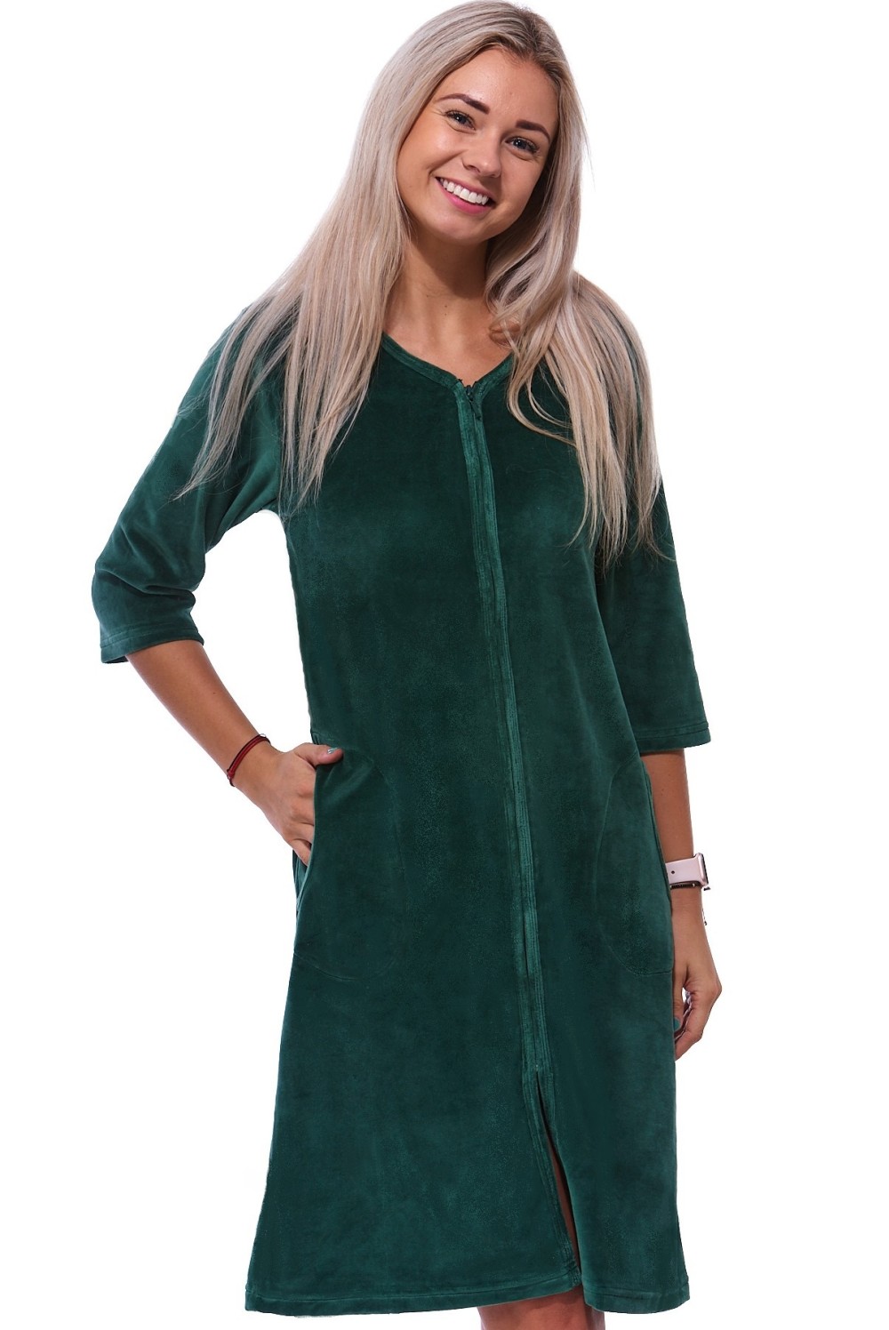 Zelený elegantní hřejivý župan na zip ze sametu - velur