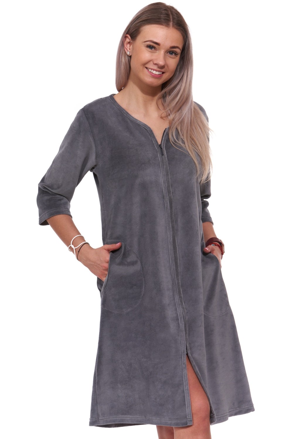 Tmavě šedý elegantní hřejivý župan na zip ze sametu pro plnošíhlé ženy či dívky - velur