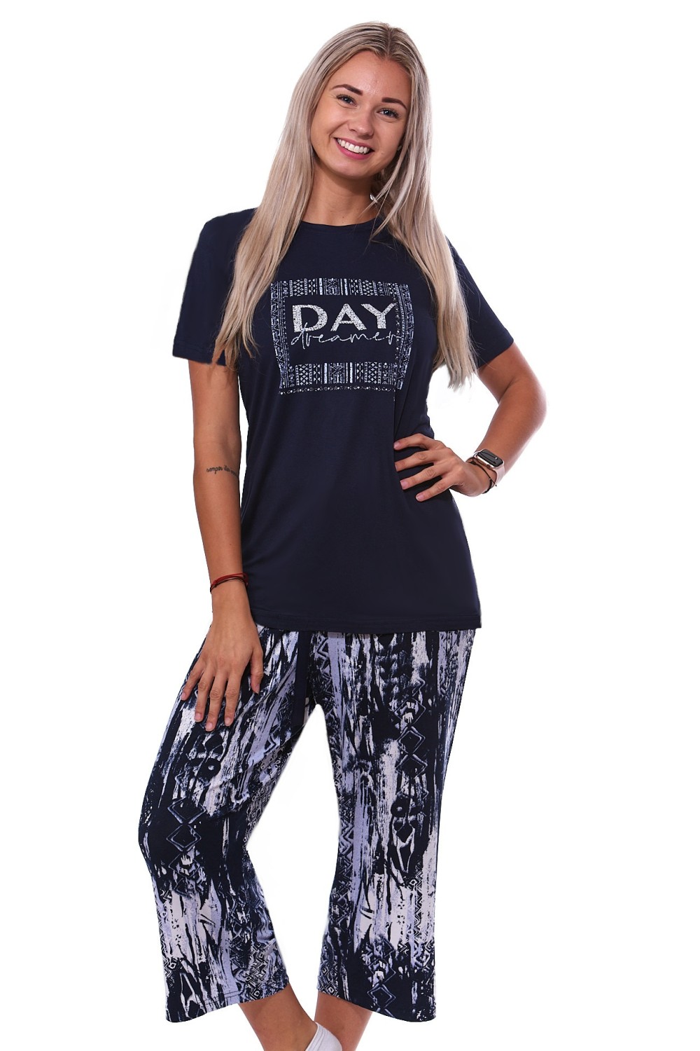 tmavě modré a šedě vzorované jemné luxusní dámské pyžamo Capri DREAMER DAY