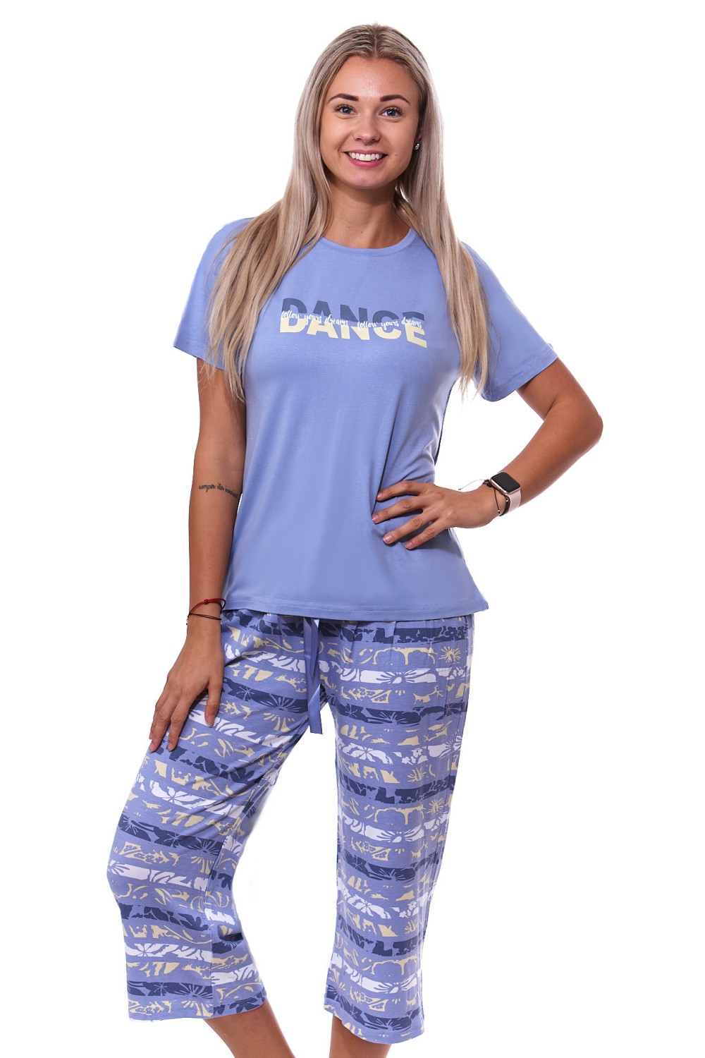 Nebesky modré květované jemné luxusní dámské pyžamo Capri DANCE