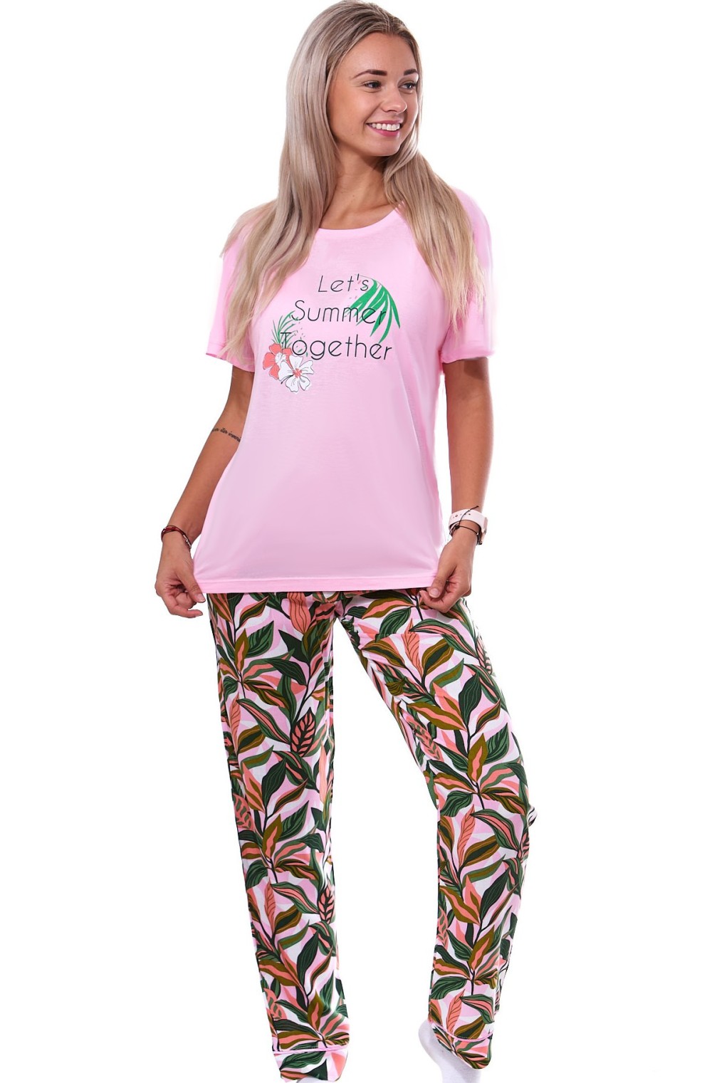 Růžové i zelené s listím jemné luxusní pyžamo pro ženy či dívky LET S SUMMER TOGETHER