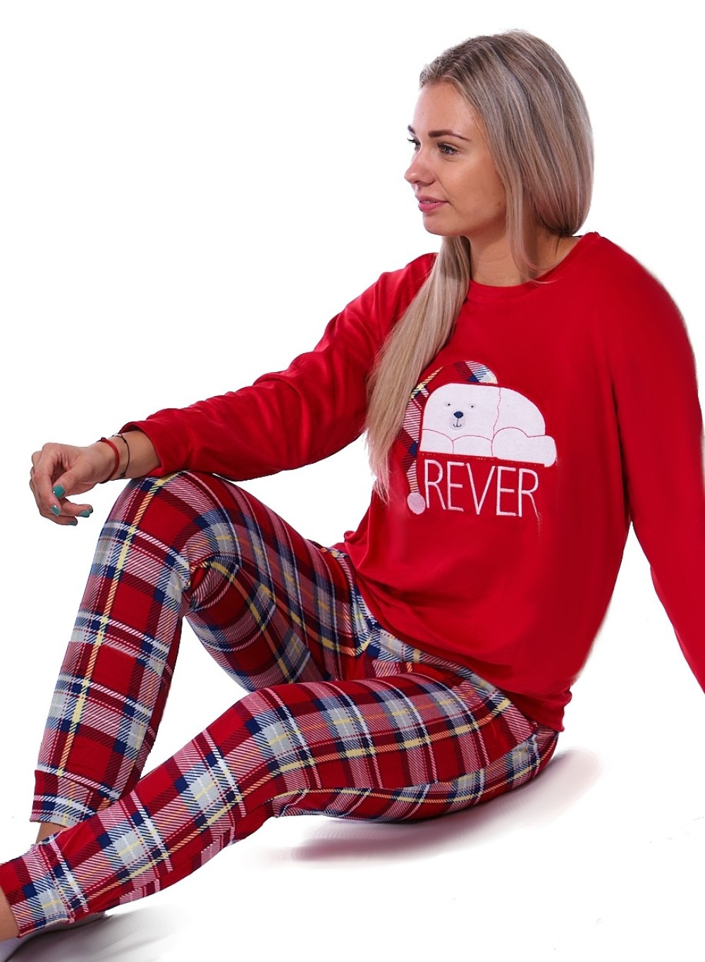 Červené kárované pyžamo pro ženy či dívky s ledním medvědem