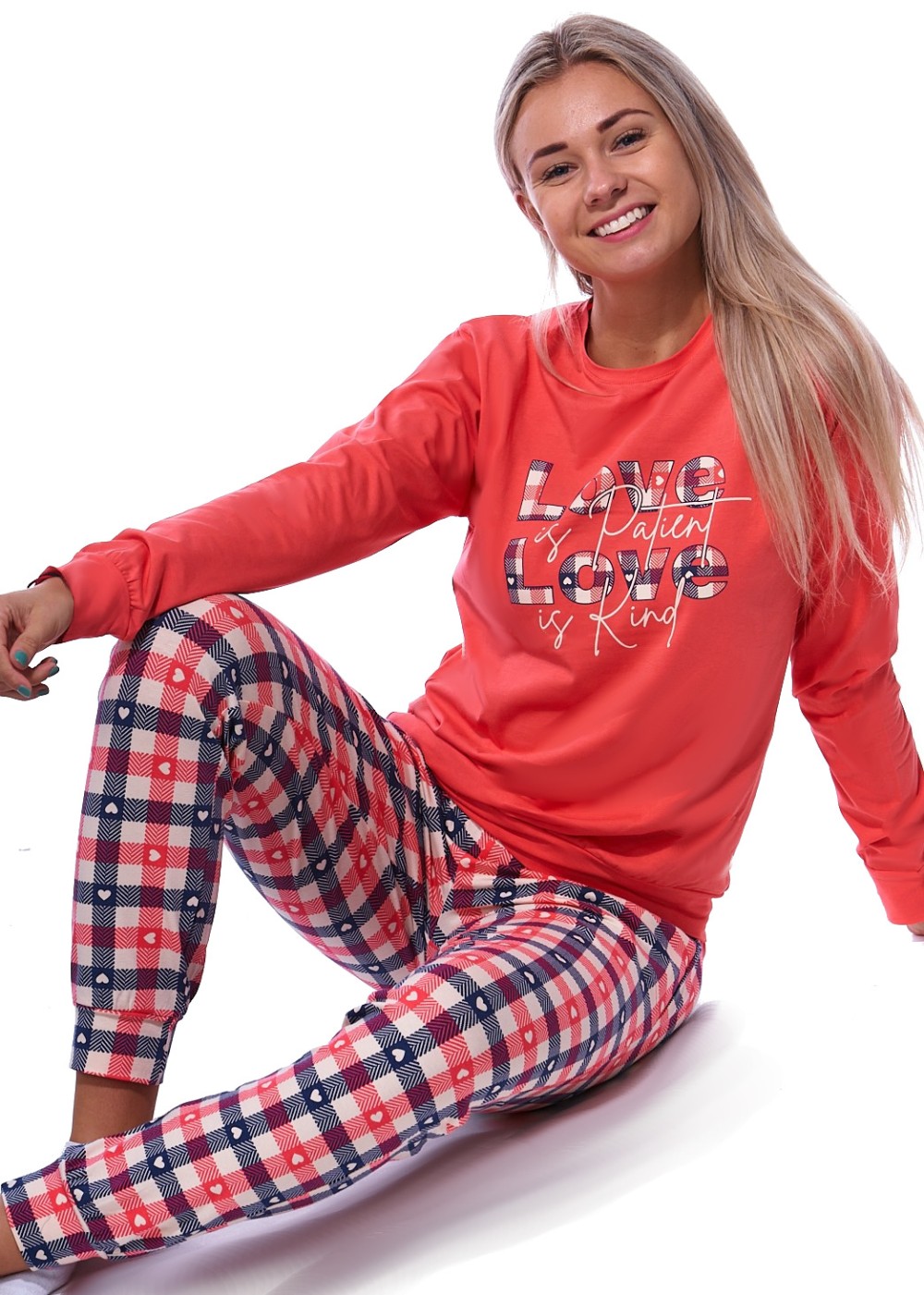 Červené srdíčkové i kárované pyžamo pro ženy či dívky LOVE LOVE
