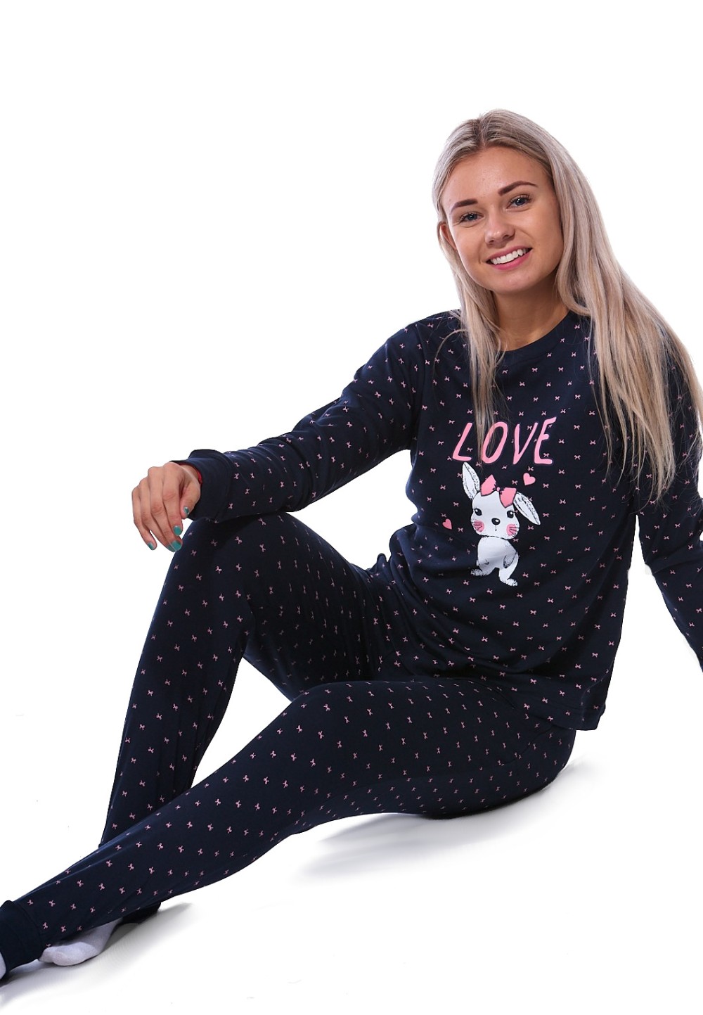 Modrofialové i růžové mašličkové pyžamo pro ženy či dívky Bílý králíček LOVE