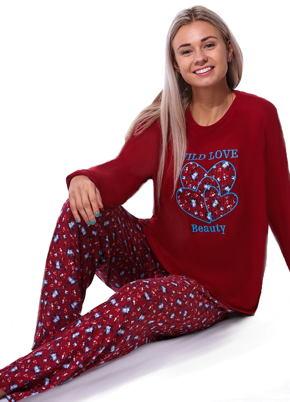 Vínové i modré květinové TERMO pyžamo pro plnoštíhlé ženy či dívky WILD LOVE BEAUTY