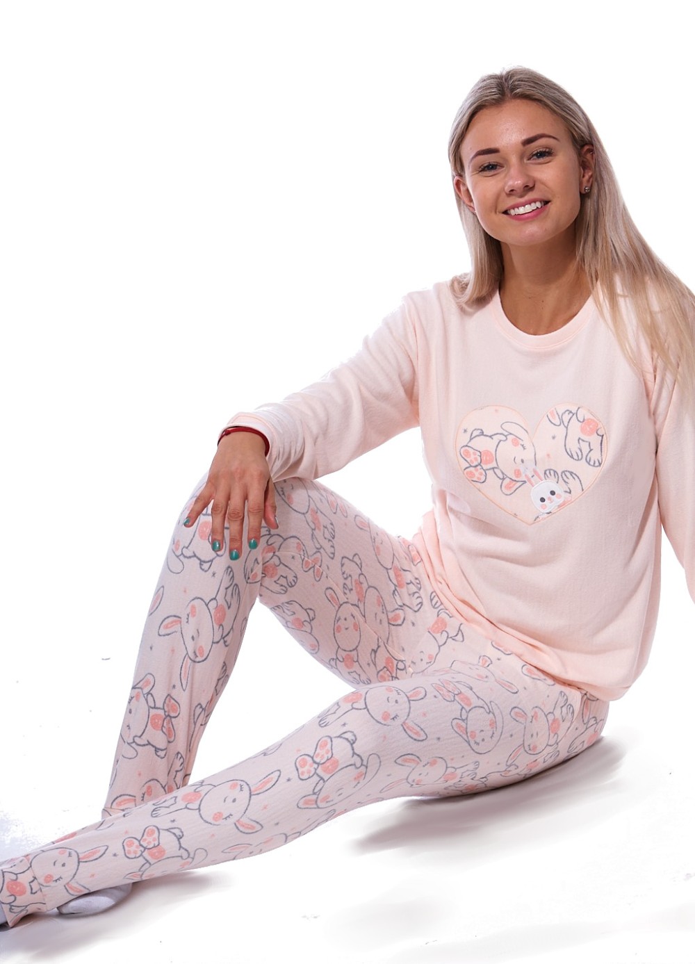 Růžové a bílé hřejivé TERMO pyžamo pro ženy či dívky pro milovnice králíčků a zajíčků
