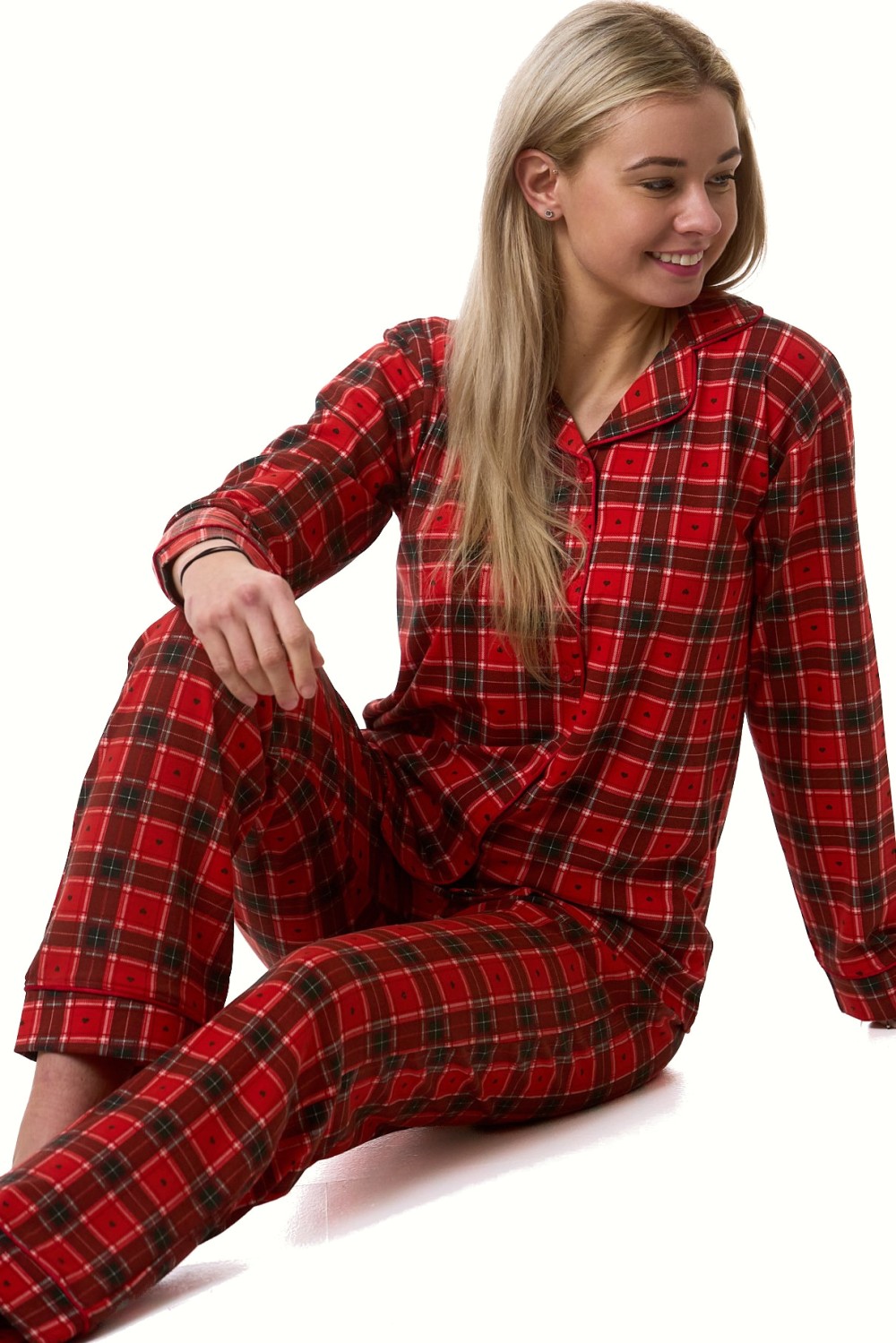 Pyžamo dámské měkké hřejivé červené vínové káro srdíčka