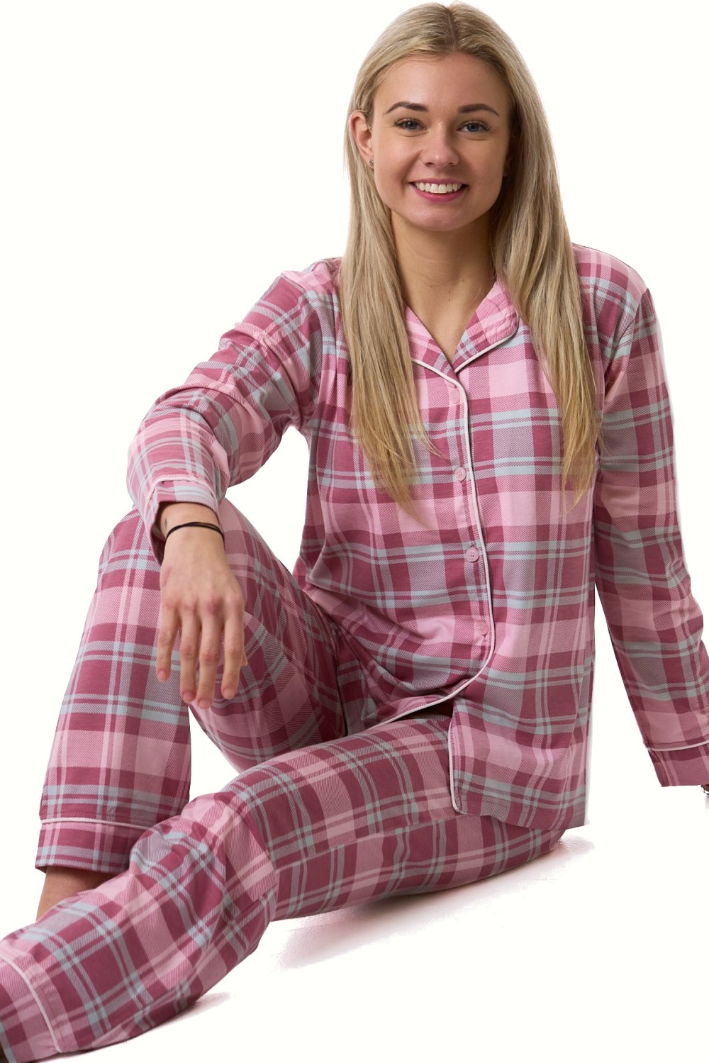 Pyžamo dámské měkké hřejivé růžové mauve káro