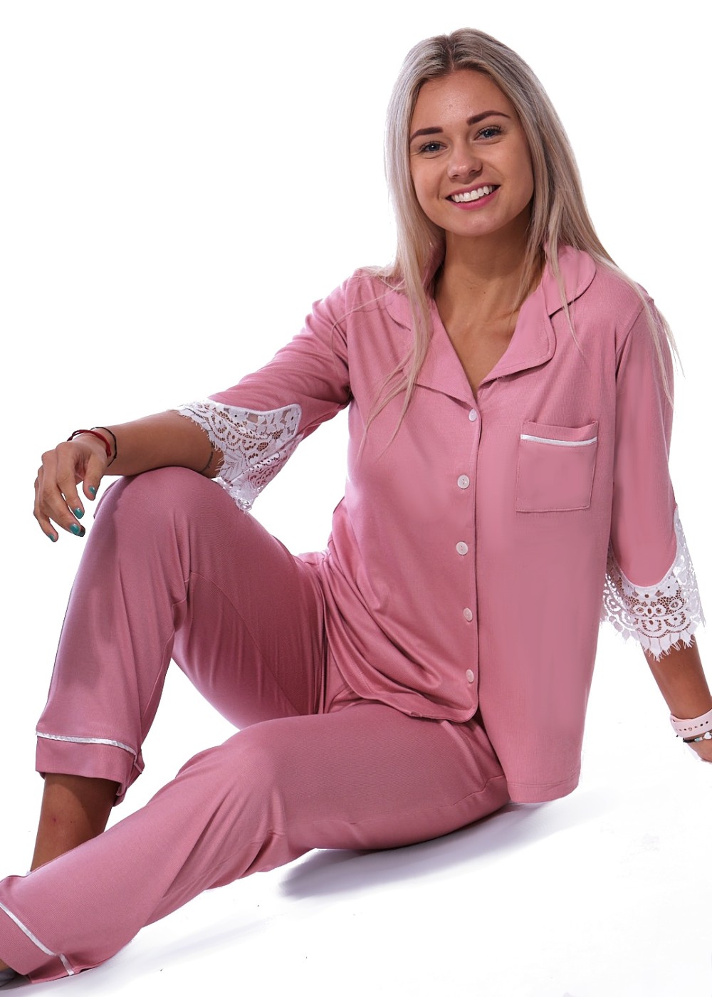 Starorůžové elegantní jemné pyžamo celopropínací s krajkou pro ženy či dívky