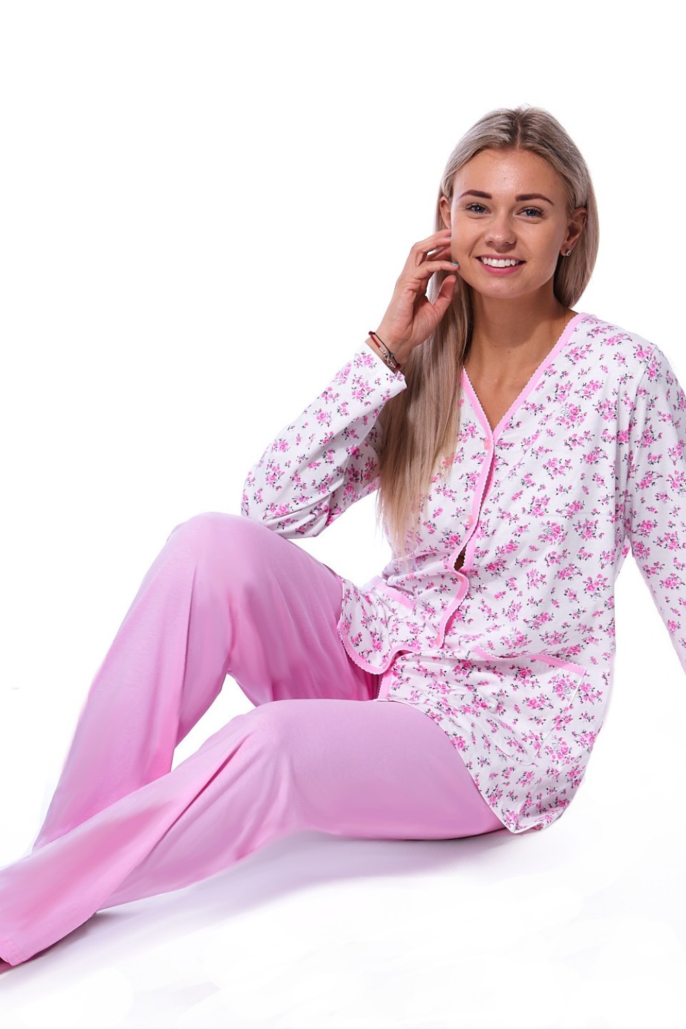 Růžové květinové elegantní pyžamo celopropínací pro ženy či dívky
