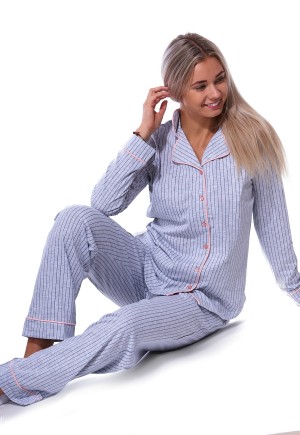 Šedé pruhované elegantní pyžamo celopropínací pro ženy na kojení do porodnice