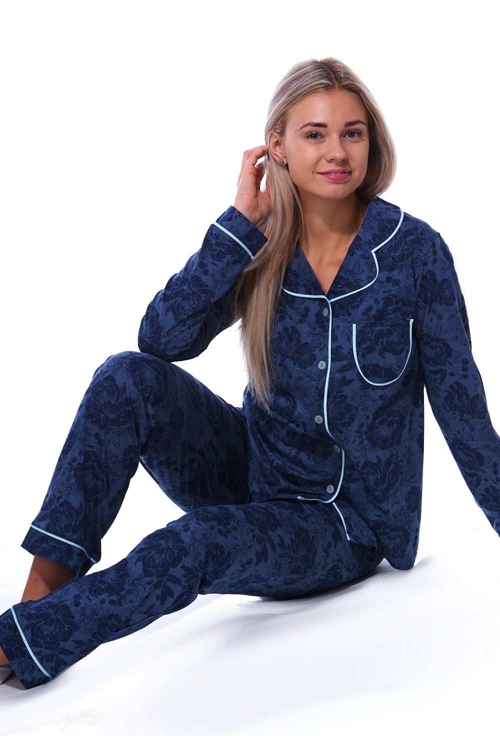 Modré růžičkové elegantní pyžamo celopropínací pro ženy či dívky