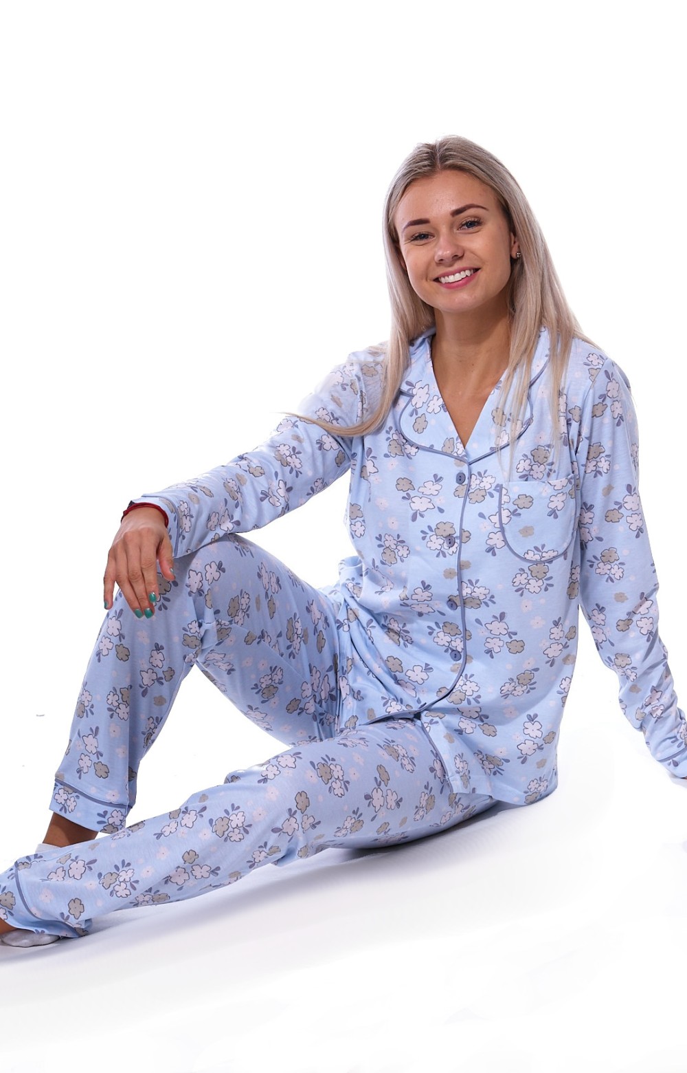 Nebesky modré květované elegantní pyžamo celopropínací pro ženy či dívky