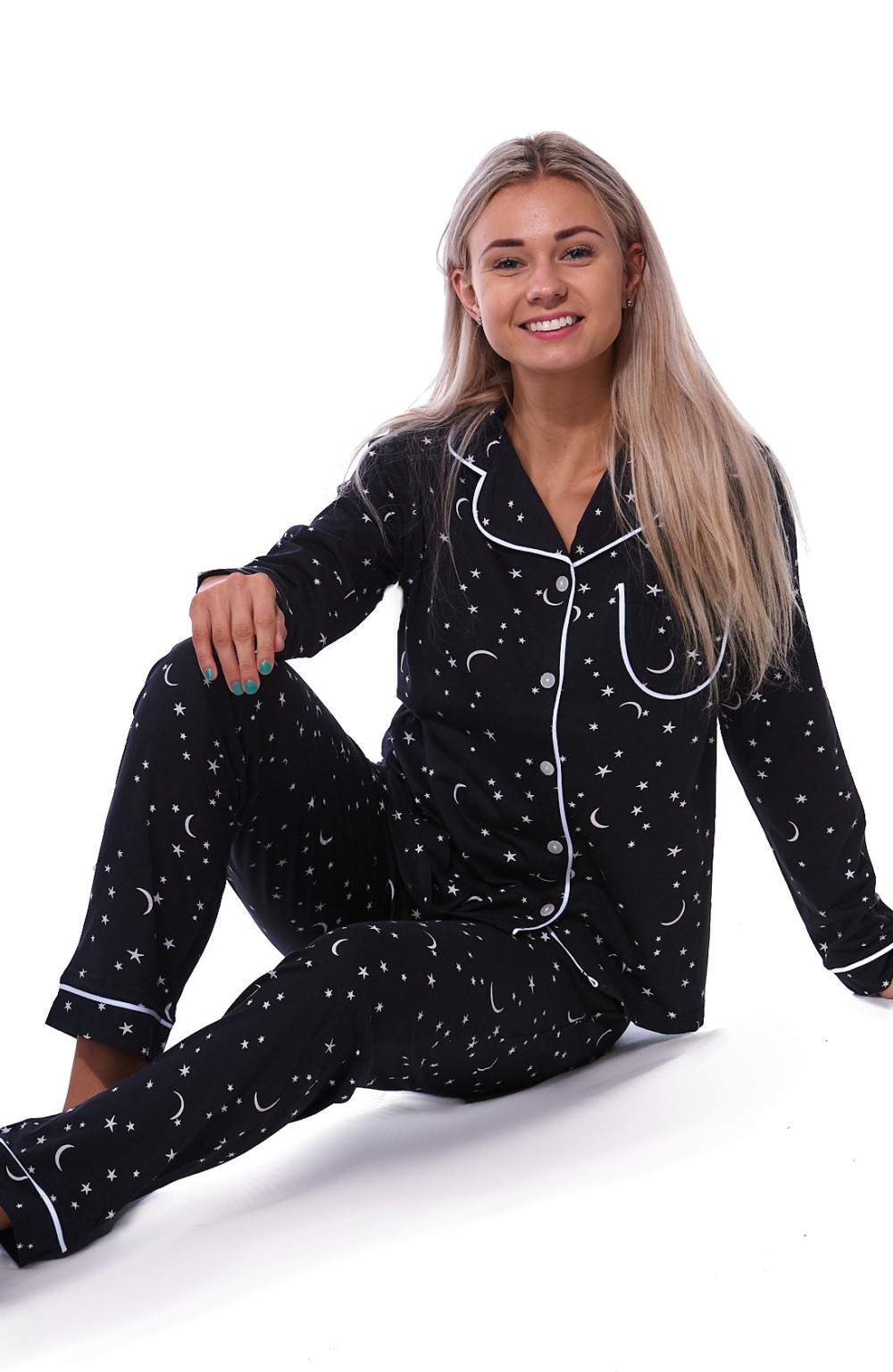 Tmavě modrá a bílá v kombinaci elegantní pyžamo celopropínací pro ženy či dívky vzor noční nebe