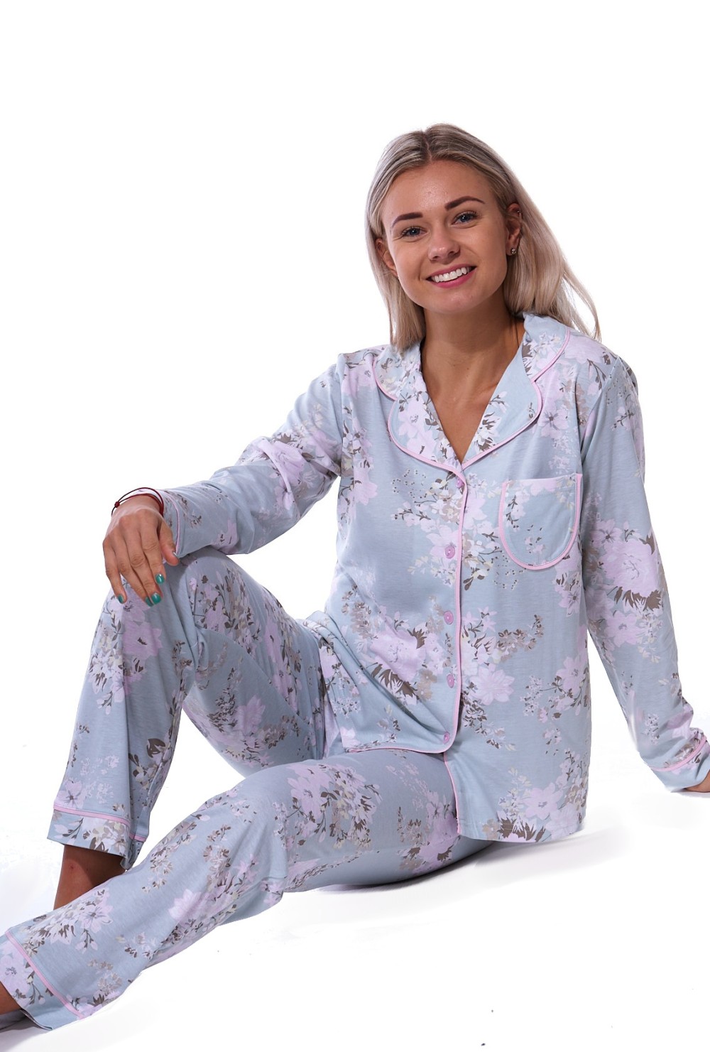 Světle modré květované elegantní pyžamo celopropínací pro ženy či dívky
