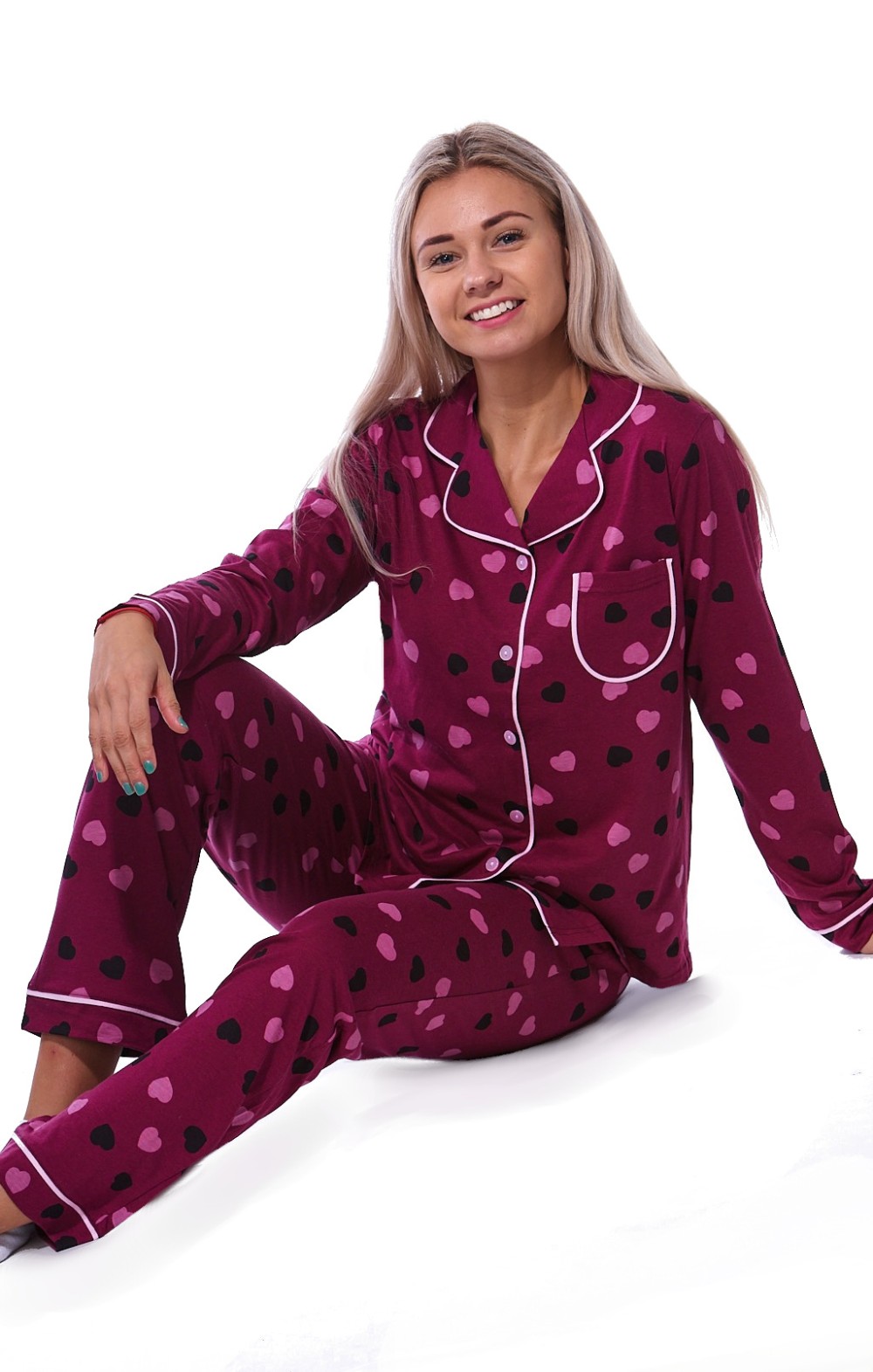 Vínové srdíčkové elegantní pyžamo celopropínací pro ženy či dívky