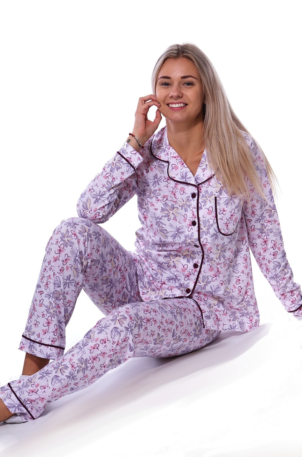 Lila, fialové i růžové květované elegantní pyžamo celopropínací pro ženy či dívky