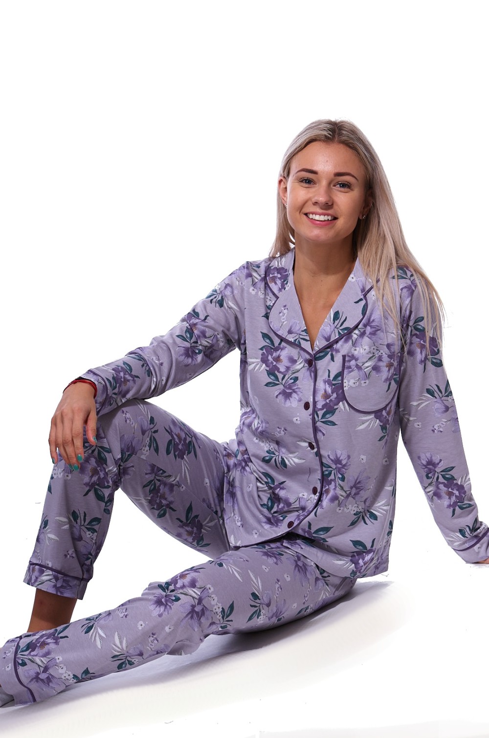 Fialové květované elegantní pyžamo celopropínací pro ženy či dívky