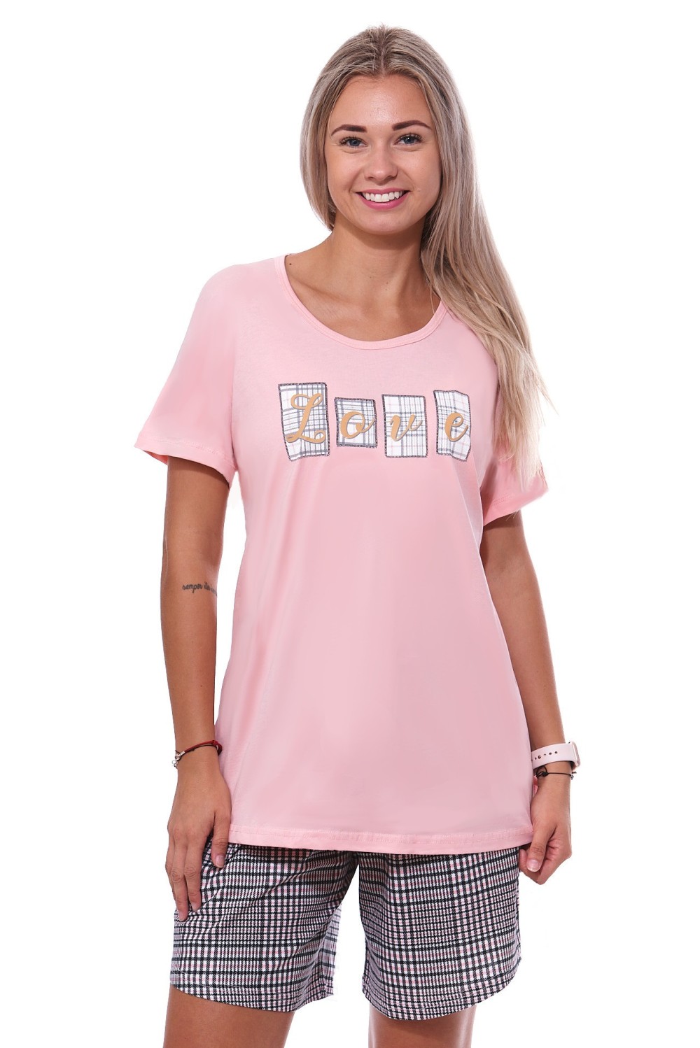 Růžové i šedé kárované pyžamo pro plnoštíhlé ženy či dívky s krátkou nohavicí LOVE