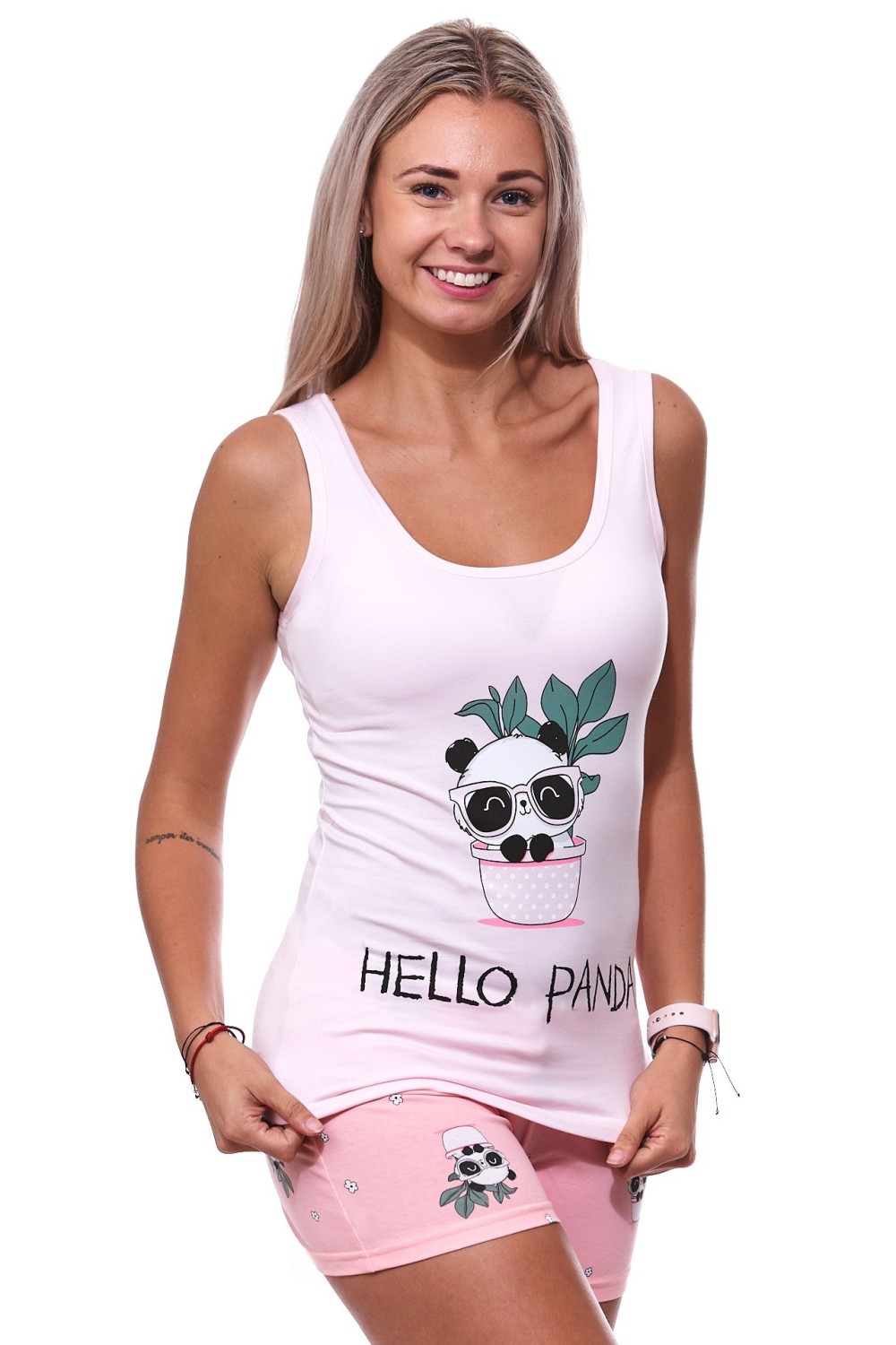 Růžové pyžamo pro ženy či dívky kraťasy a tílko HELLO PANDA