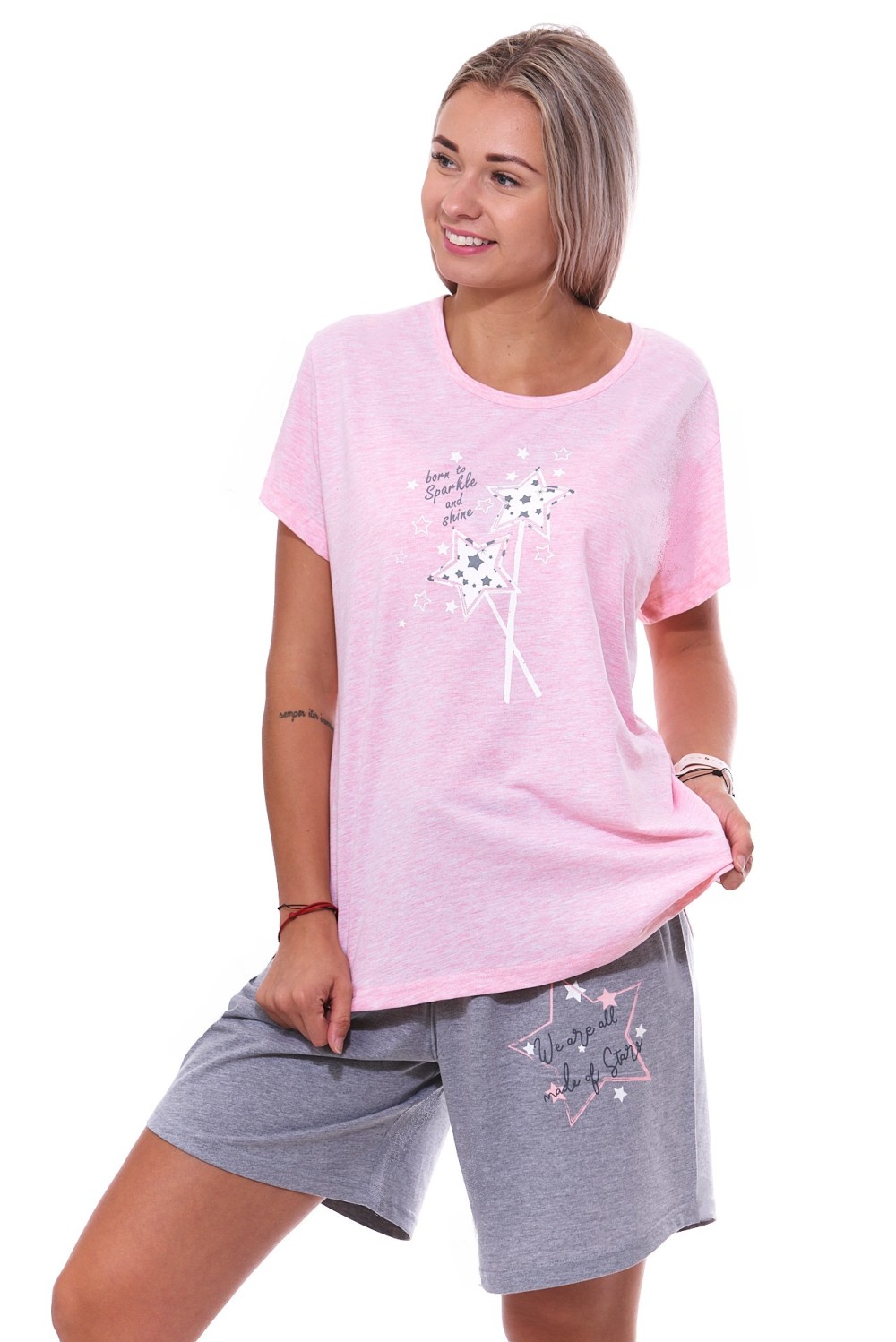 Růžové a šedé pyžamo pro ženy či dívky s krátkou nohavicí Sparkle