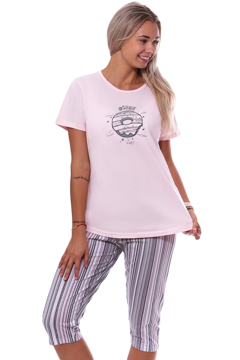 Růžové i šedé duhově pruhované pyžamo pro ženy či dívky s 3/4 nohavicí DONUT