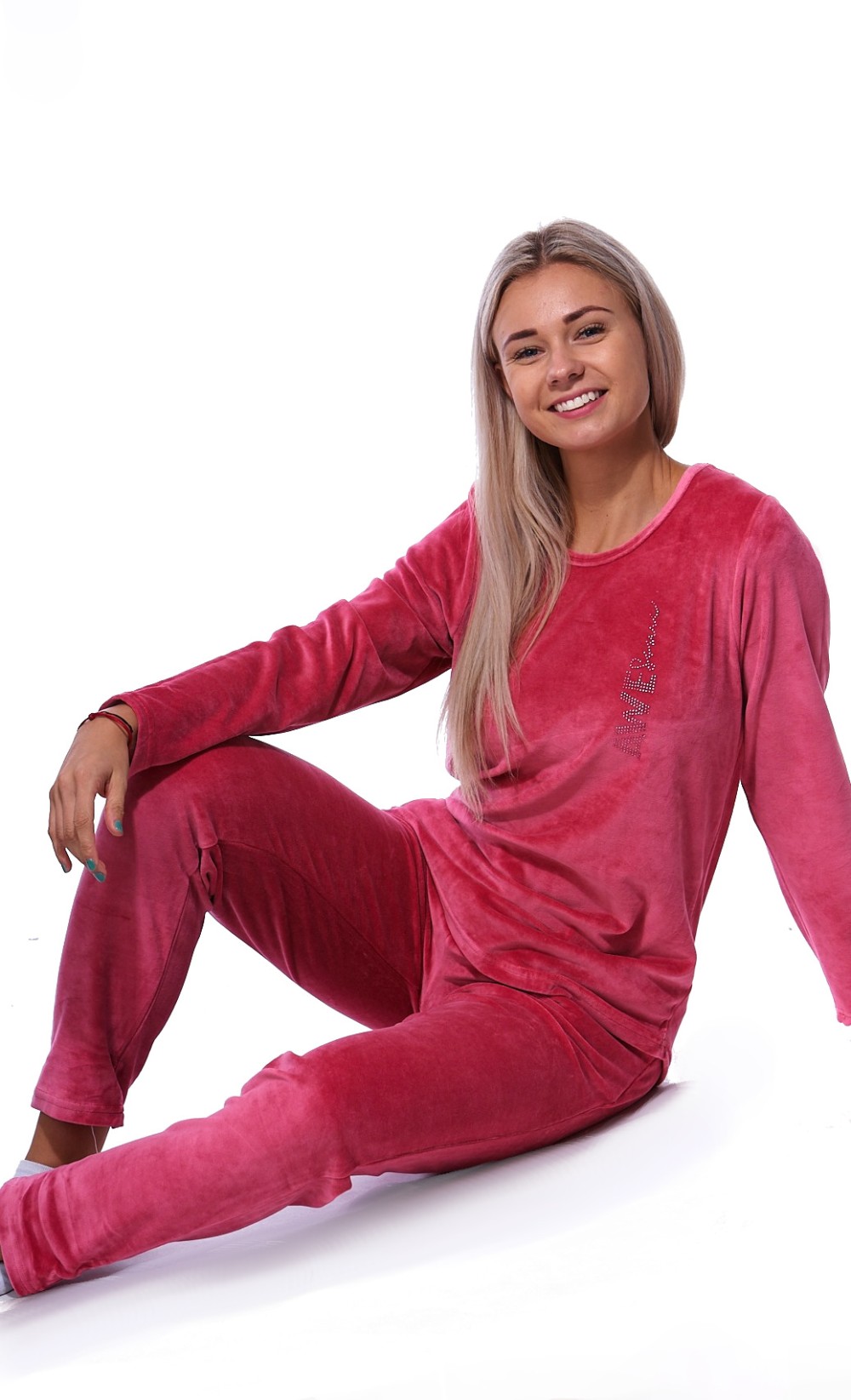 Růžové luxusní hřejivé bavlněné sametové pyžamo pro ženy či dívky AWE - velur