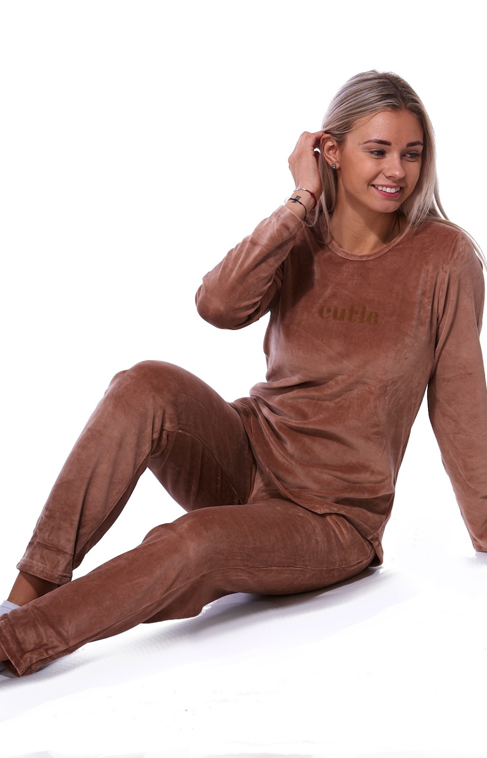 Hnědé luxusní hřejivé bavlněné sametové pyžamo pro ženy či dívky cutie - velur