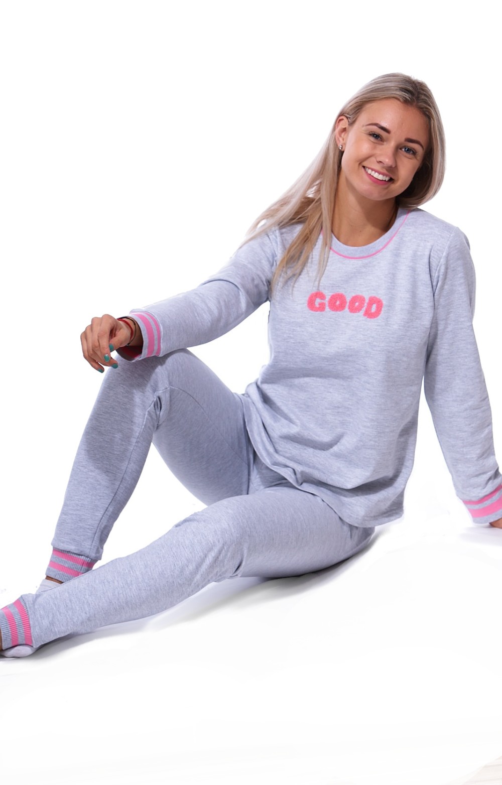 Šedé i růžové luxusní hřejivé bavlněné dámské pyžamo pro ženy či dívky GOOD