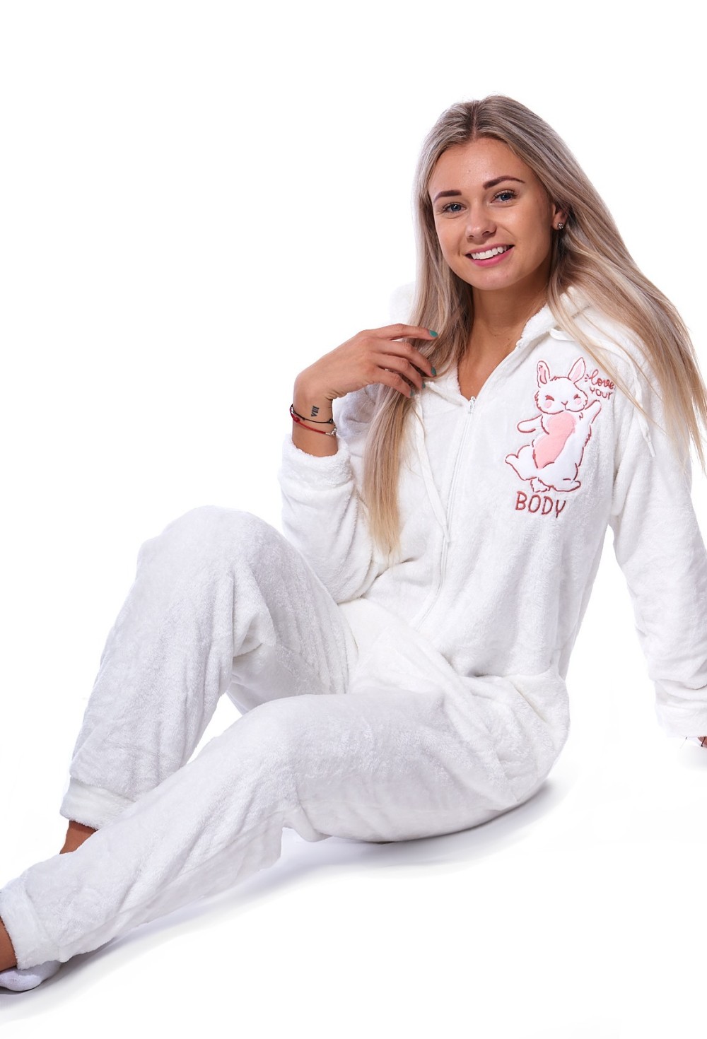Bílý extra teplý overal s kapucí pro ženy či dívky s králíčkem - zajíčkem BODY