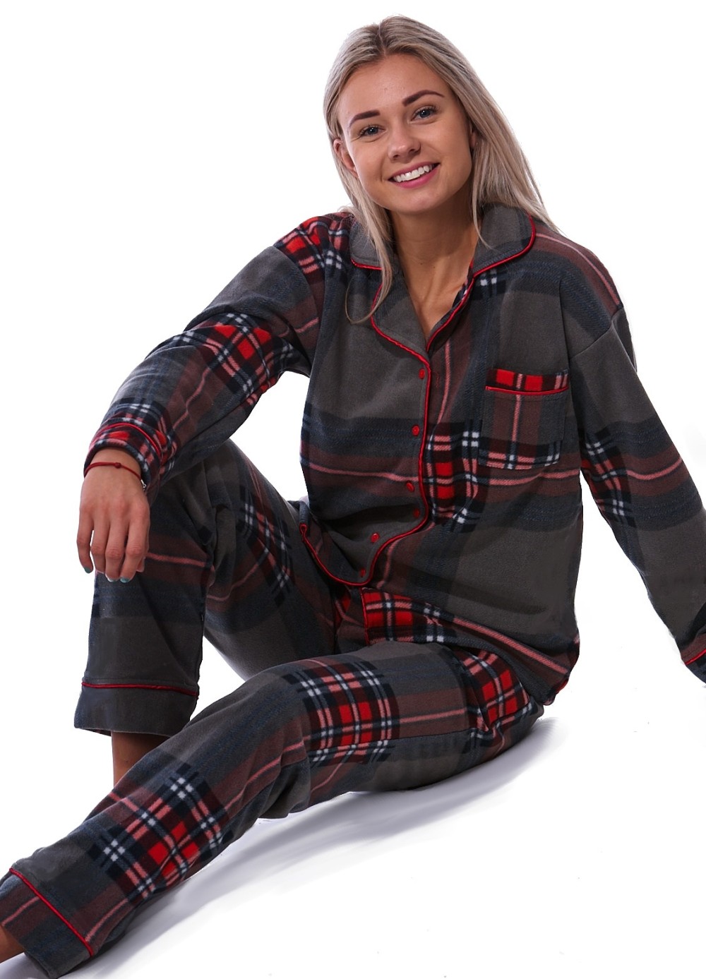 Šedé i červeně kárované elegantní dokonale teplé pyžamo s límečkem pro ženy či dívky
