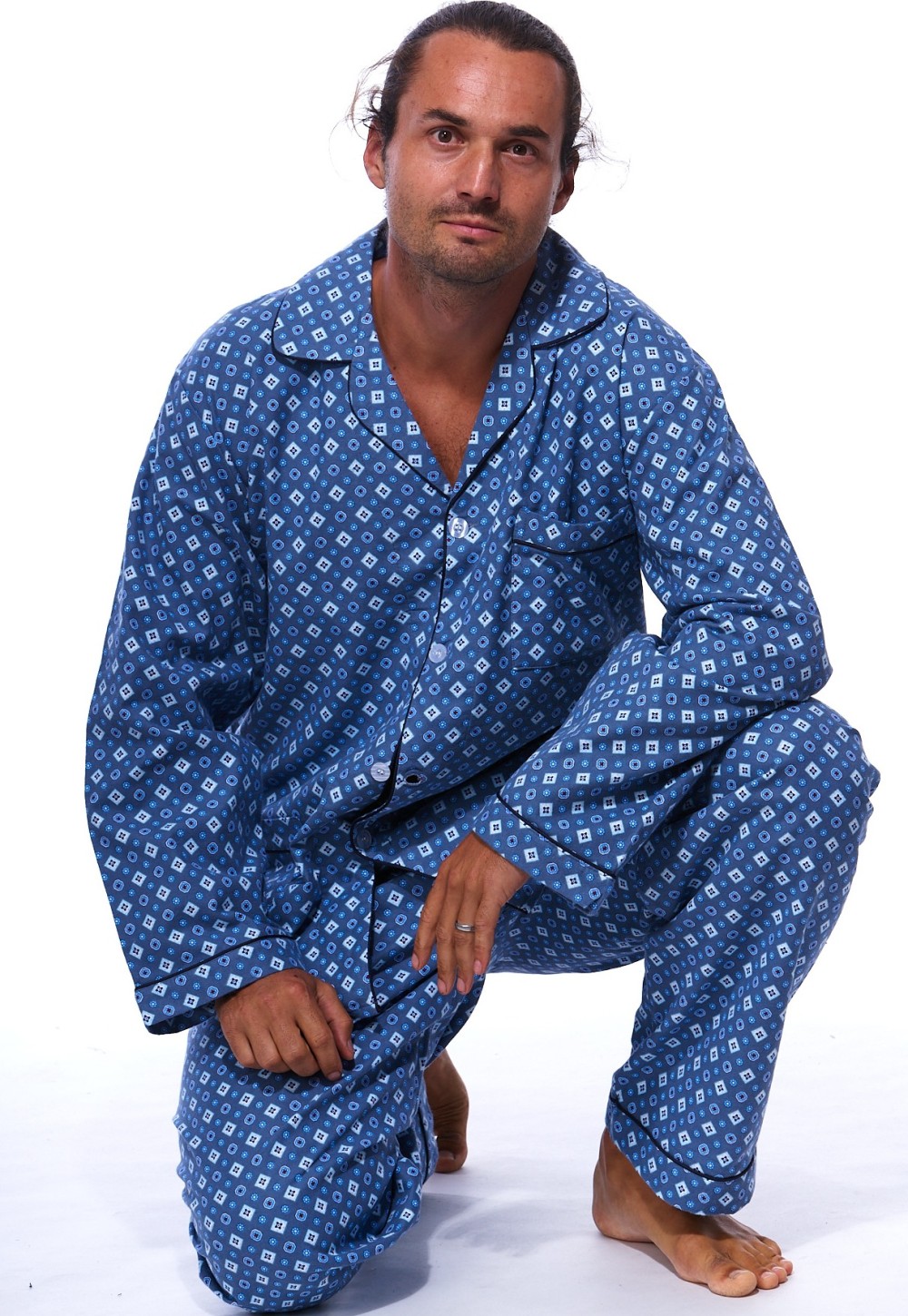 Šedomodré a modře kárované teplé klasické pyžamo pro plnoštíhlé muže z flanelu