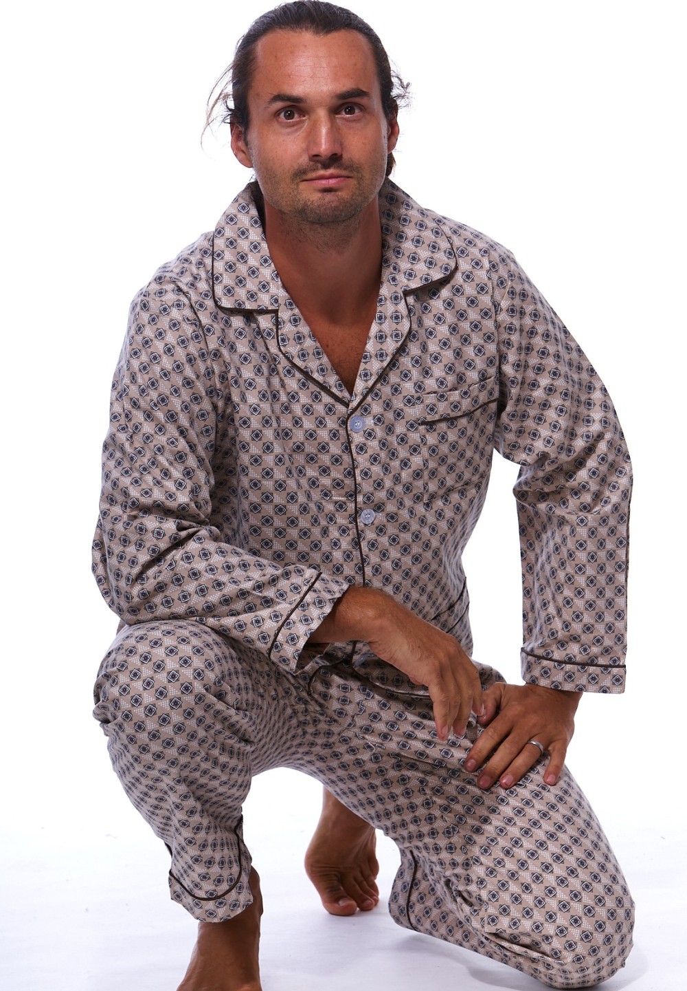 Béžové teplé klasické pyžamo pro muže z flanelu piké vzor