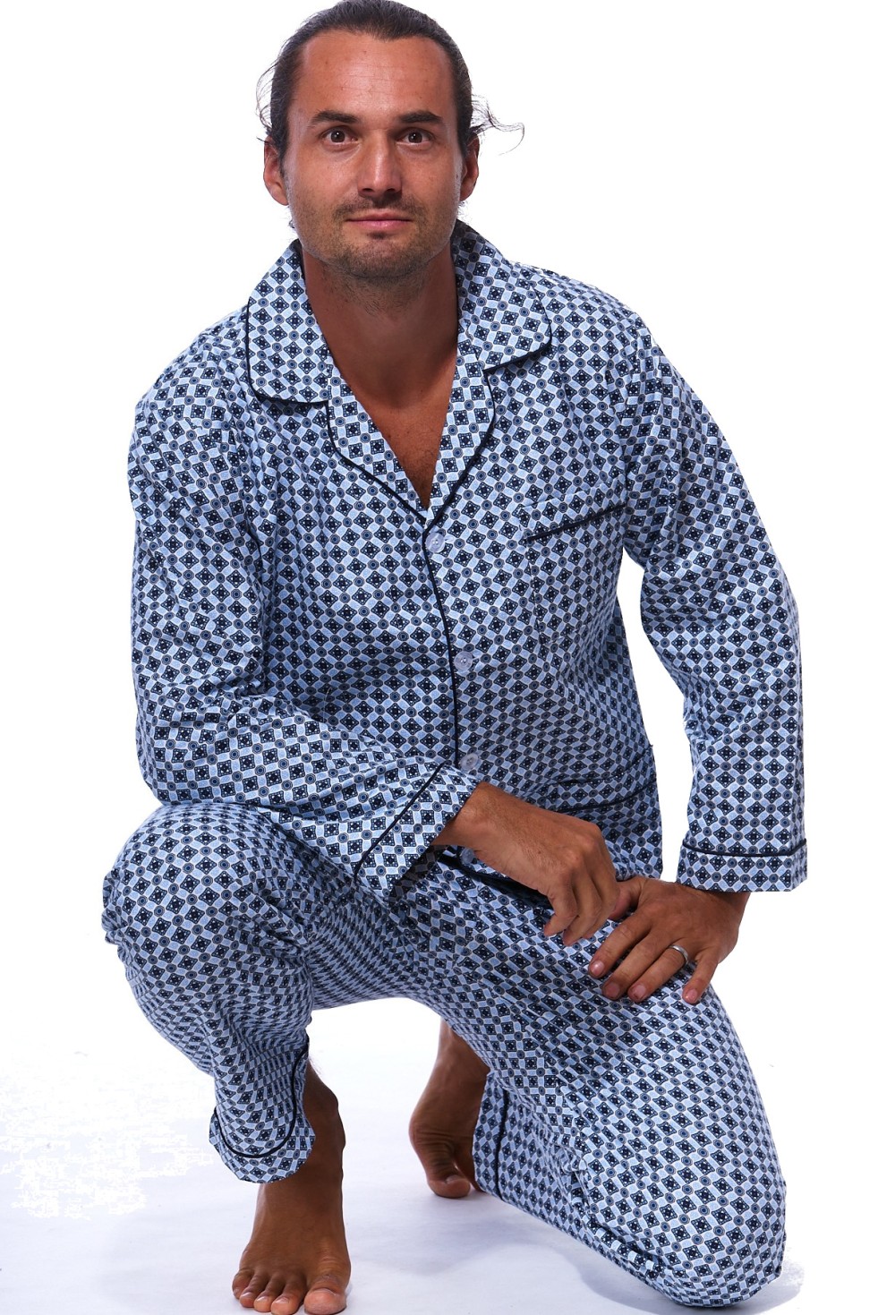 Světle modré teplé klasické pyžamo pro muže z flanelu piké vzor