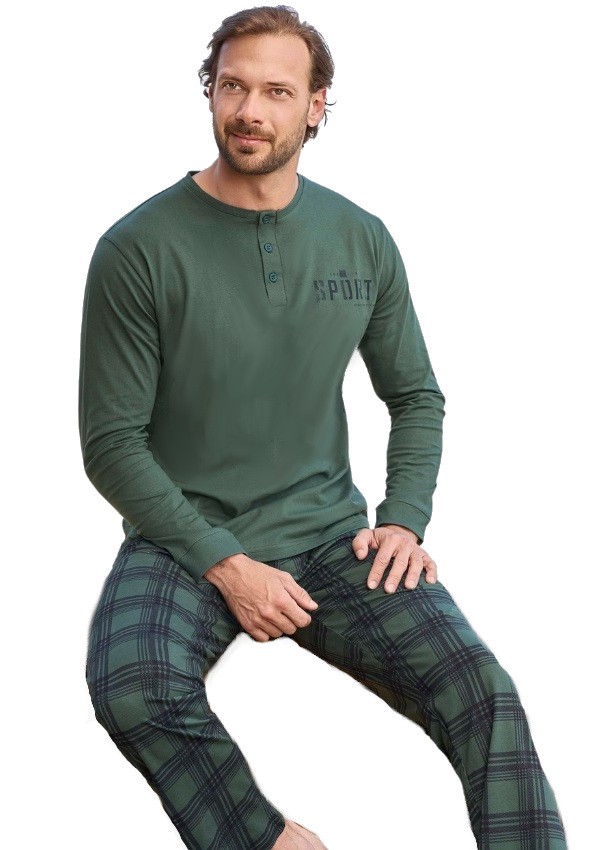 Zelené a modře kárované pyžamo pro muže s propínáním u krku na knoflíky SPORT