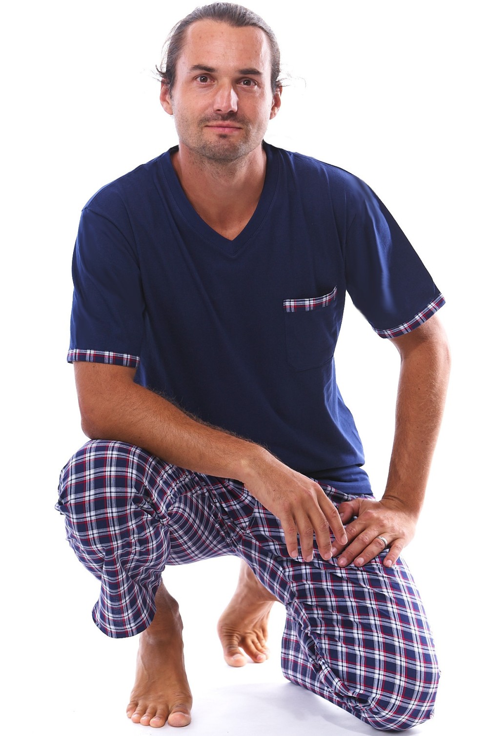 Elegantně sportovní modročervené kárované pyžamo pro muže krátký rukáv a dlohé nohavice popelín 