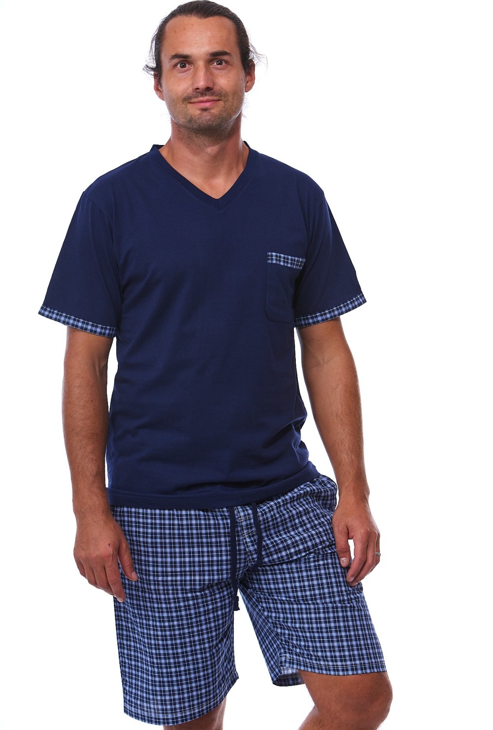 Modré a šedě kárované pyžamo pro muže s kraťasy