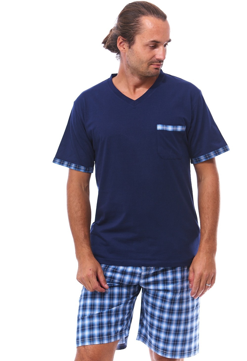 Modré a modře i šedě kárované pyžamo pro muže s kraťasy