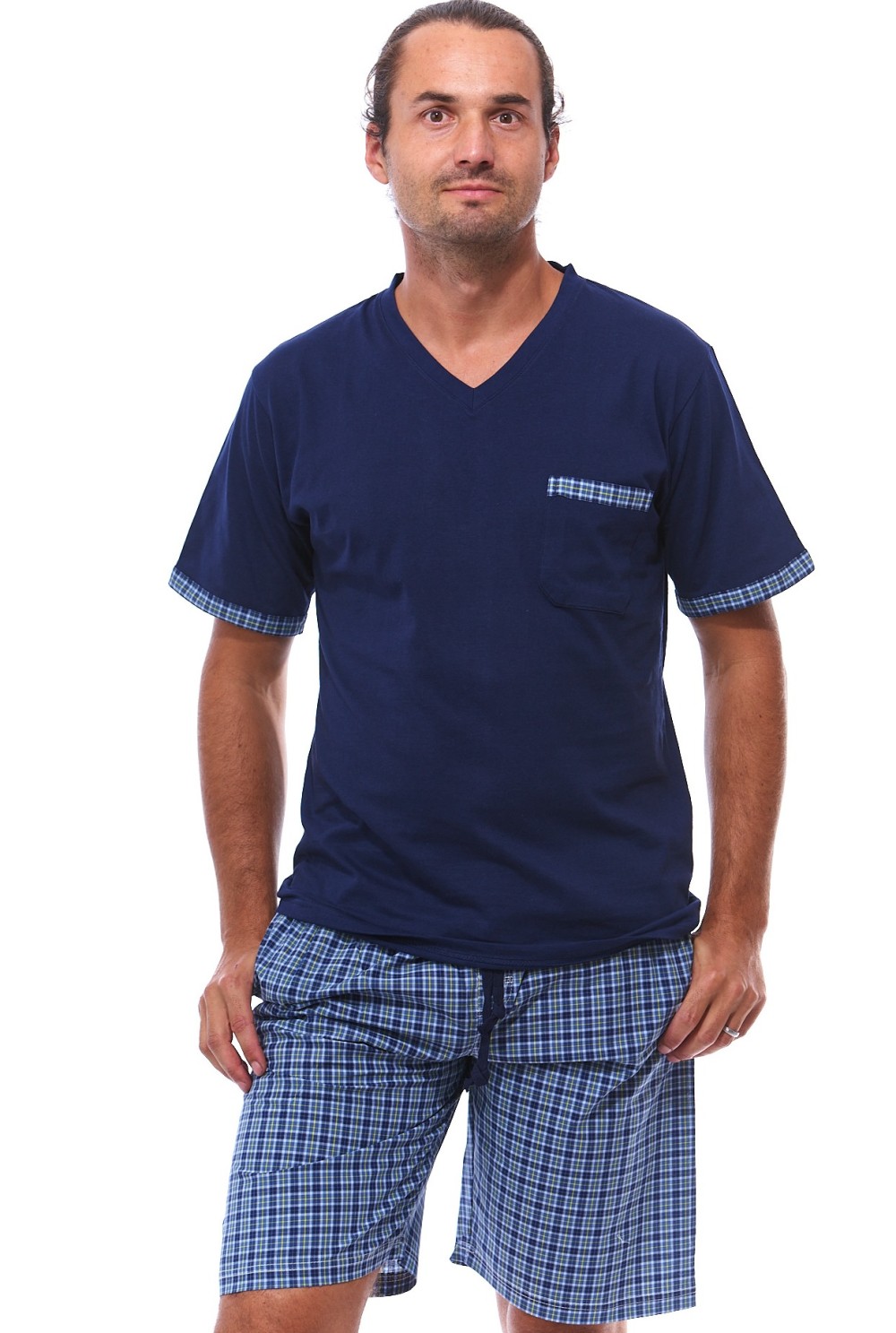 Modré a modře i žlutě kárované pyžamo pro muže s kraťasy