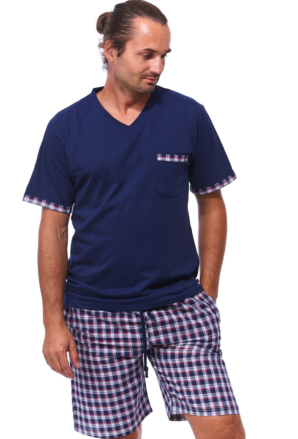 Modré a červeně kárované pyžamo pro muže s kraťasy