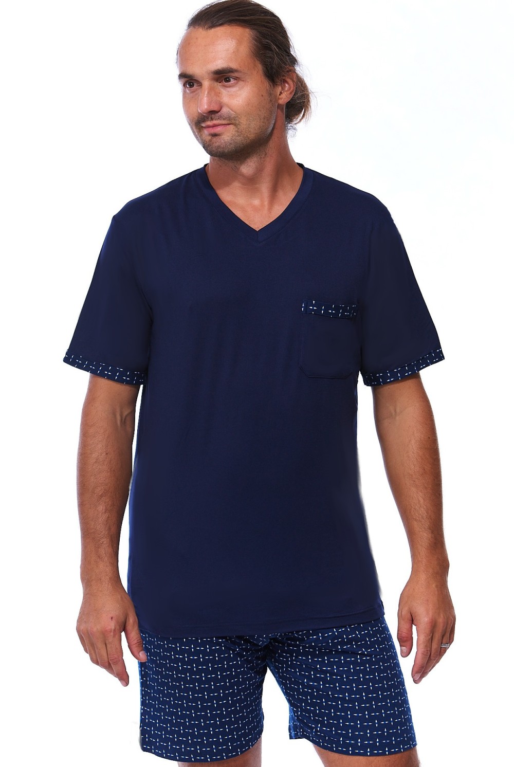 Modré pyžamo pro muže s kraťasy HÉFAISTOS z pružného přírodního materiálu - druhá kůže