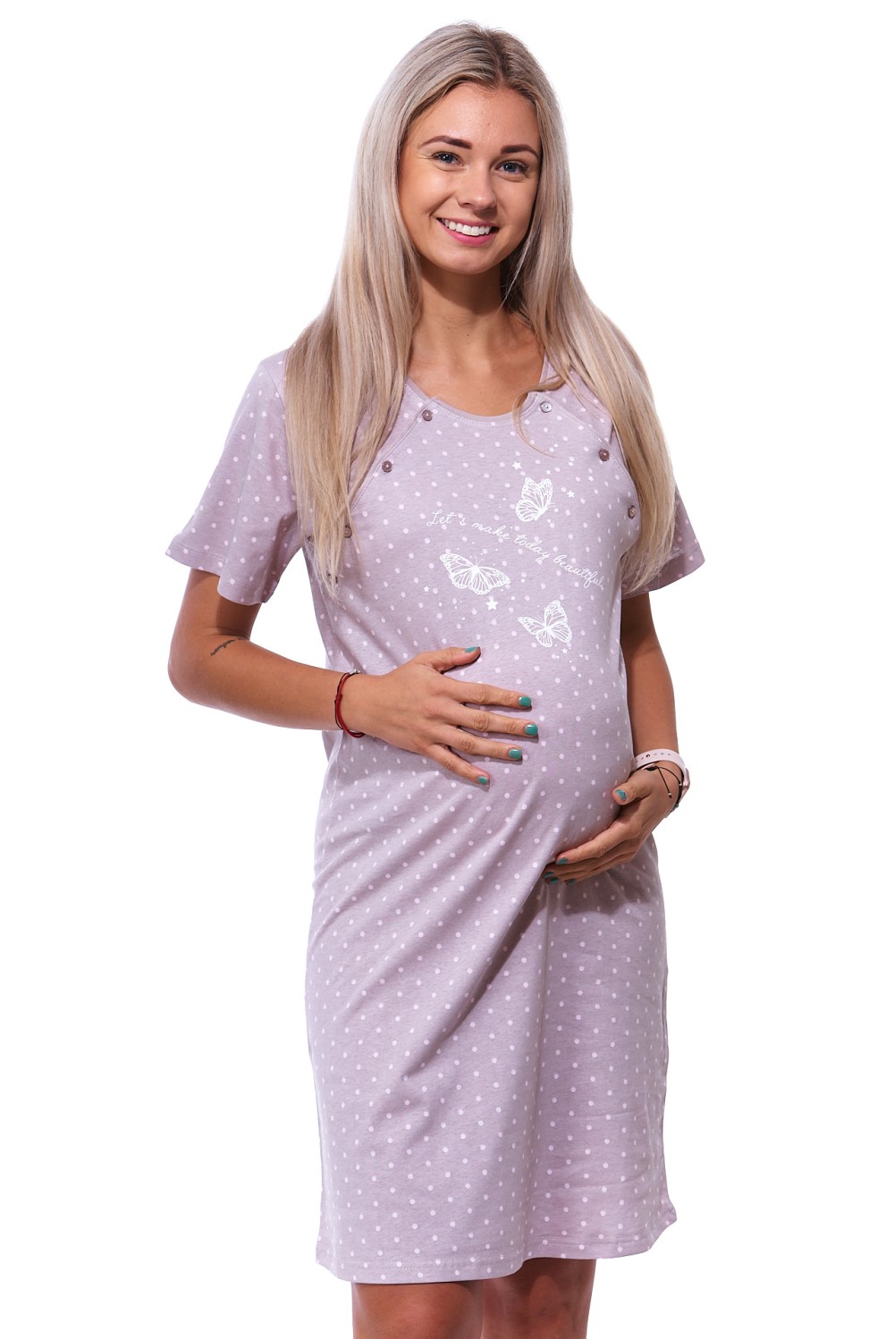 Světle kávová puntíkatá těhotenská a kojící košile má dvojité propínání na knoflíky s motýlky