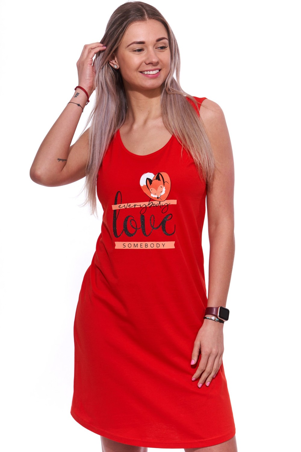 Červená dámská noční košilka bez rukávů love sombody a spící liška