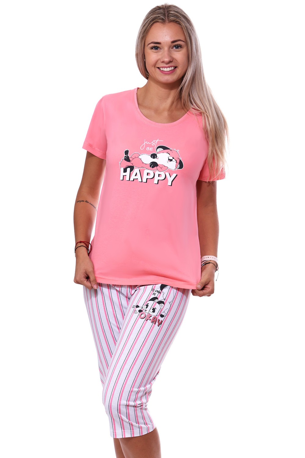 Růžové i bíle pruhované pyžamo pro ženy či dívky s 3/4 nohavicí spící liška HAPPY