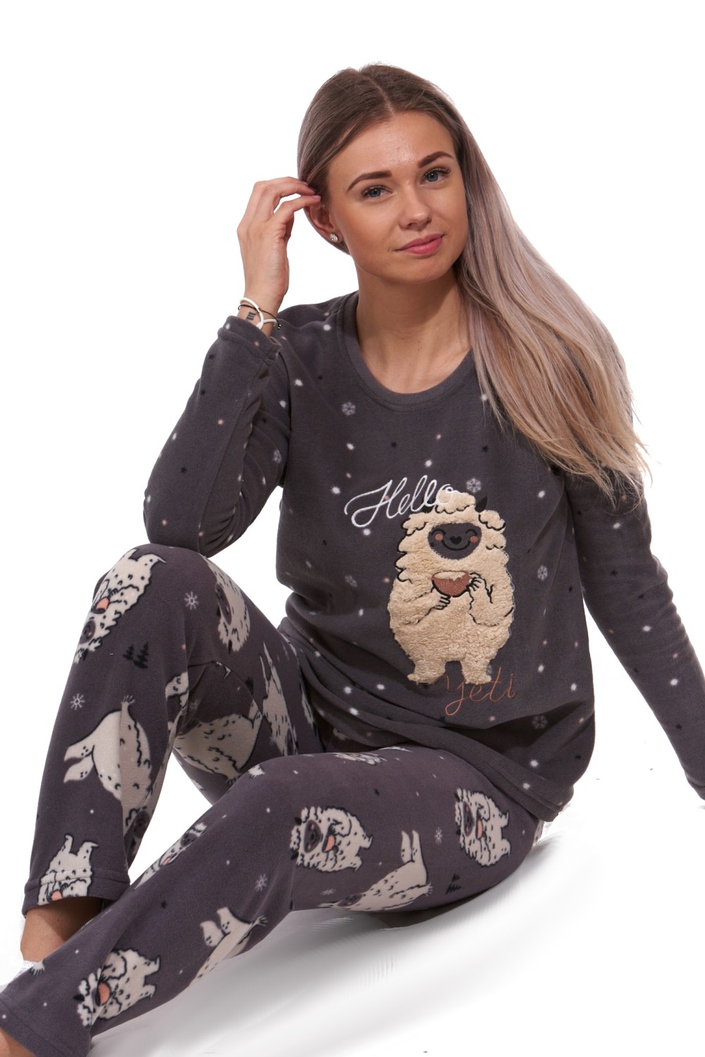 Šedé luxusní hřejivé dámské pyžamo Hello Yeti